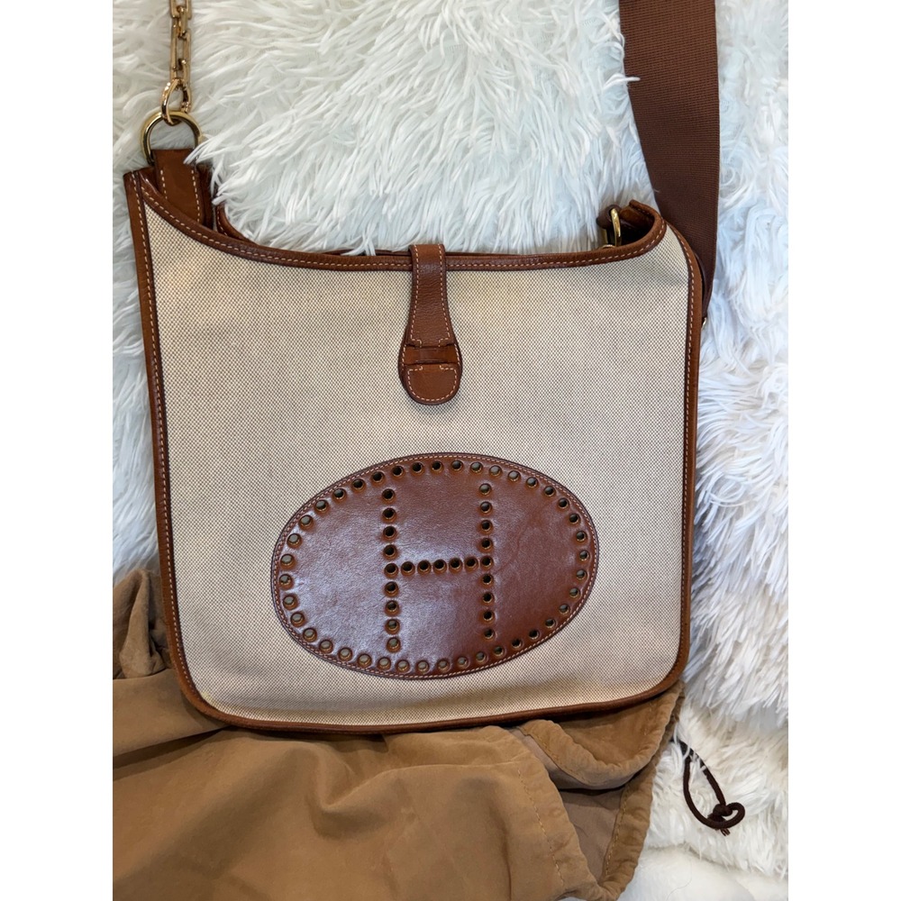 Hermes Evelyne GM Crossbody Bag Canvas Leather Cognac Authentic - Picture 3 of 16